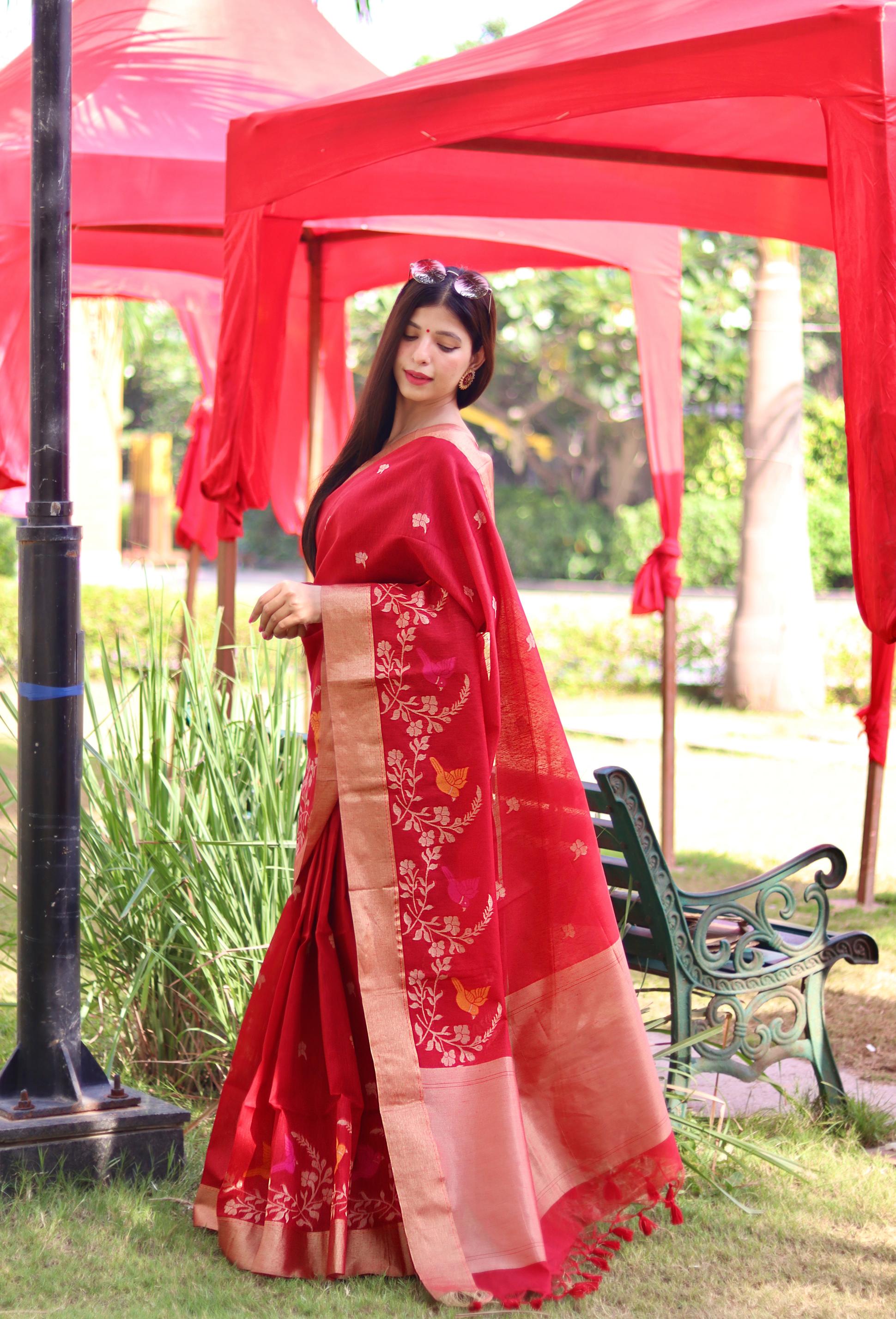 Traditional Red Linen Saree with Rich Floral Design & Contrast Border