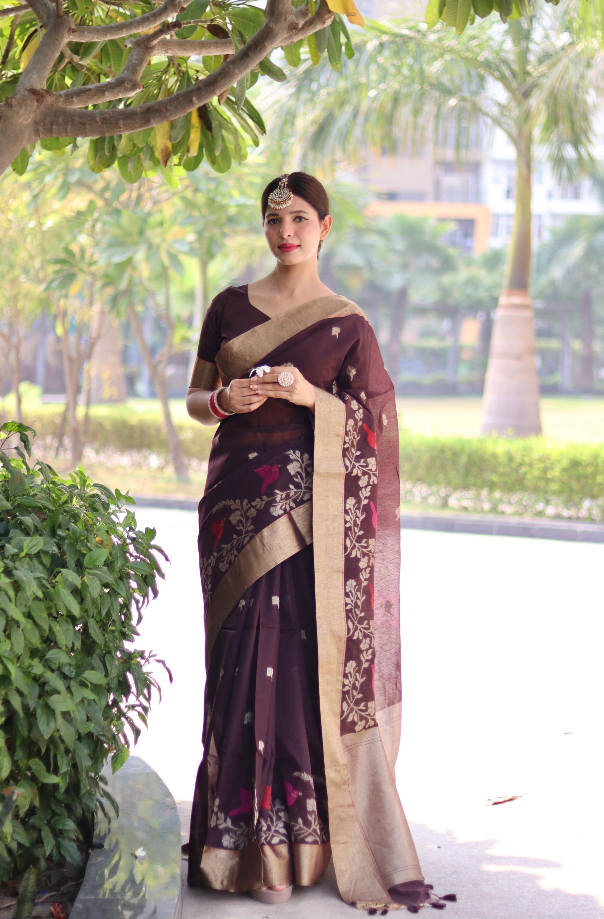 Brown Linen Silk Zari Weaving Border Saree with Fancy Rich Pallu