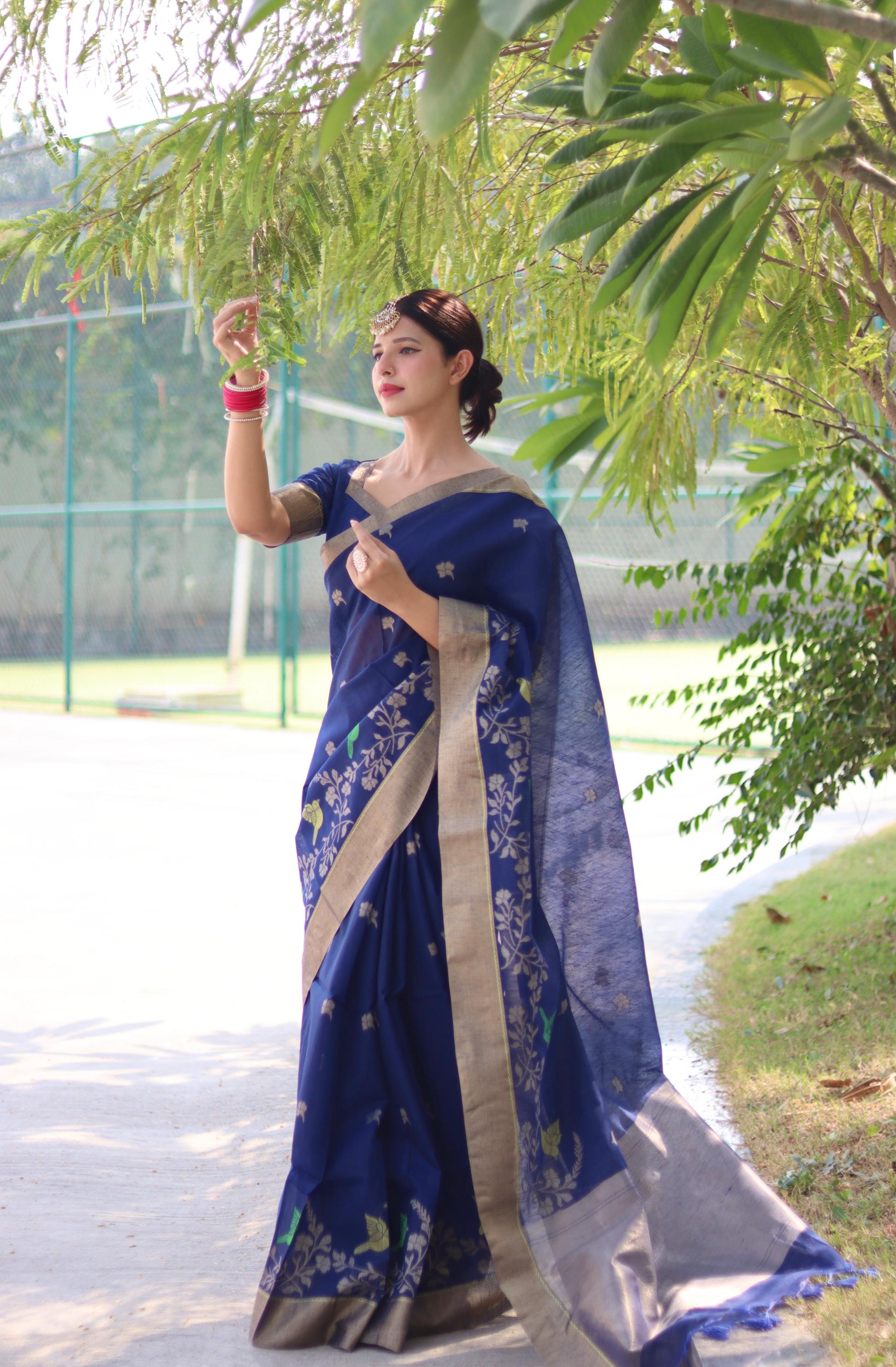 Classic Blue Linen Silk Saree for Festive & Celebratory Events