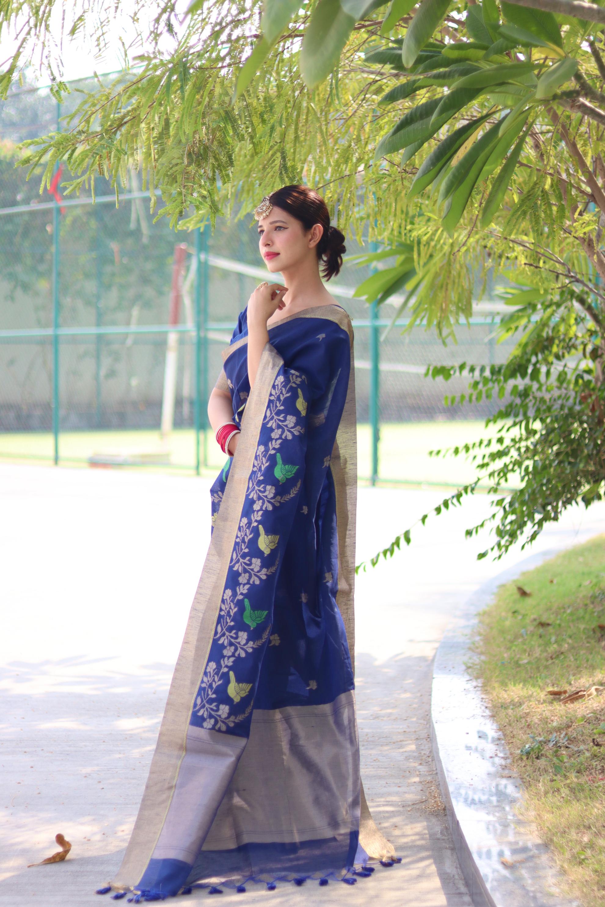 Classic Blue Linen Silk Saree for Festive & Celebratory Events