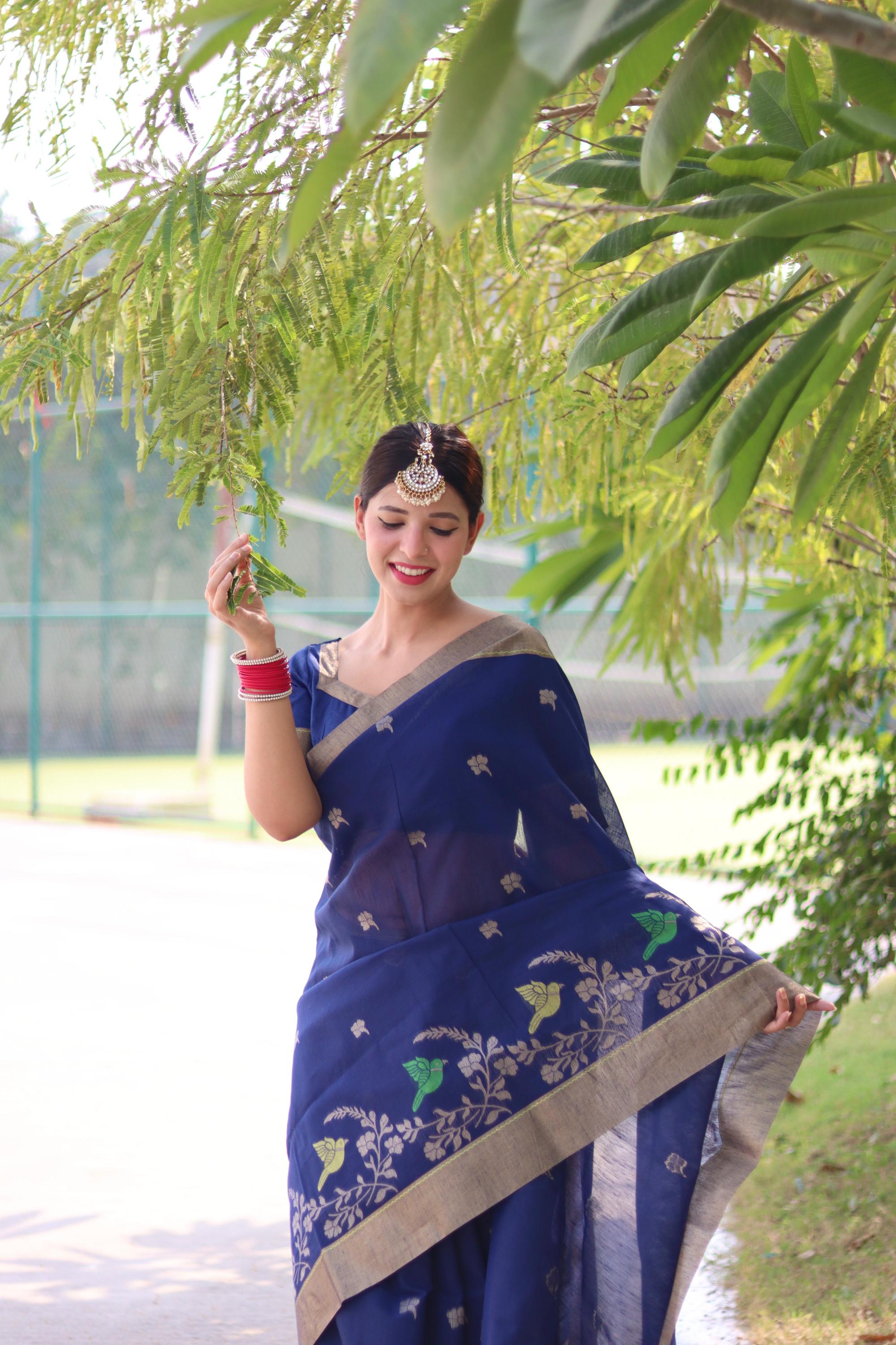 Classic Blue Linen Silk Saree for Festive & Celebratory Events