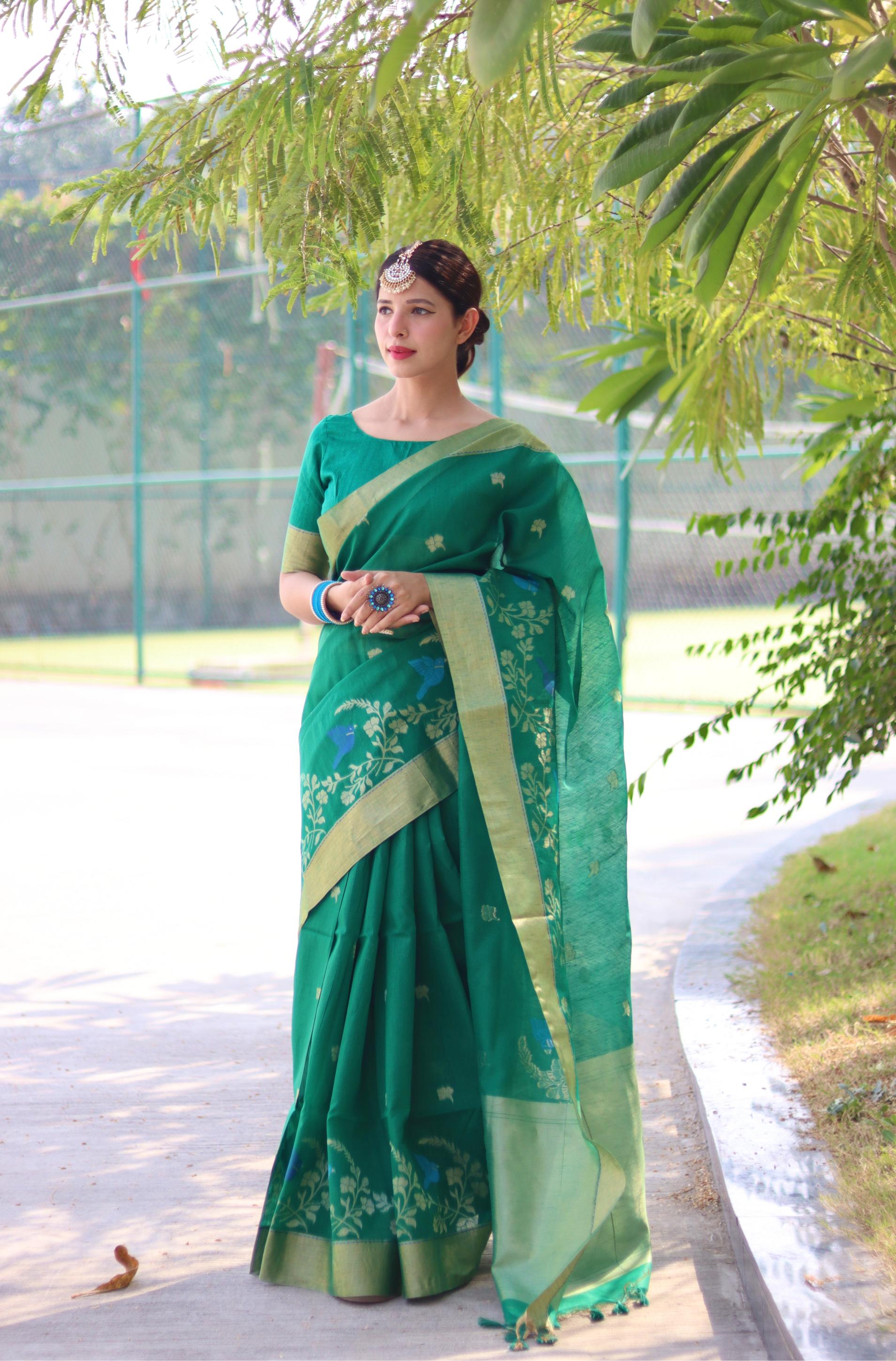 Traditional Green Linen Silk Saree with Golden Zari Border