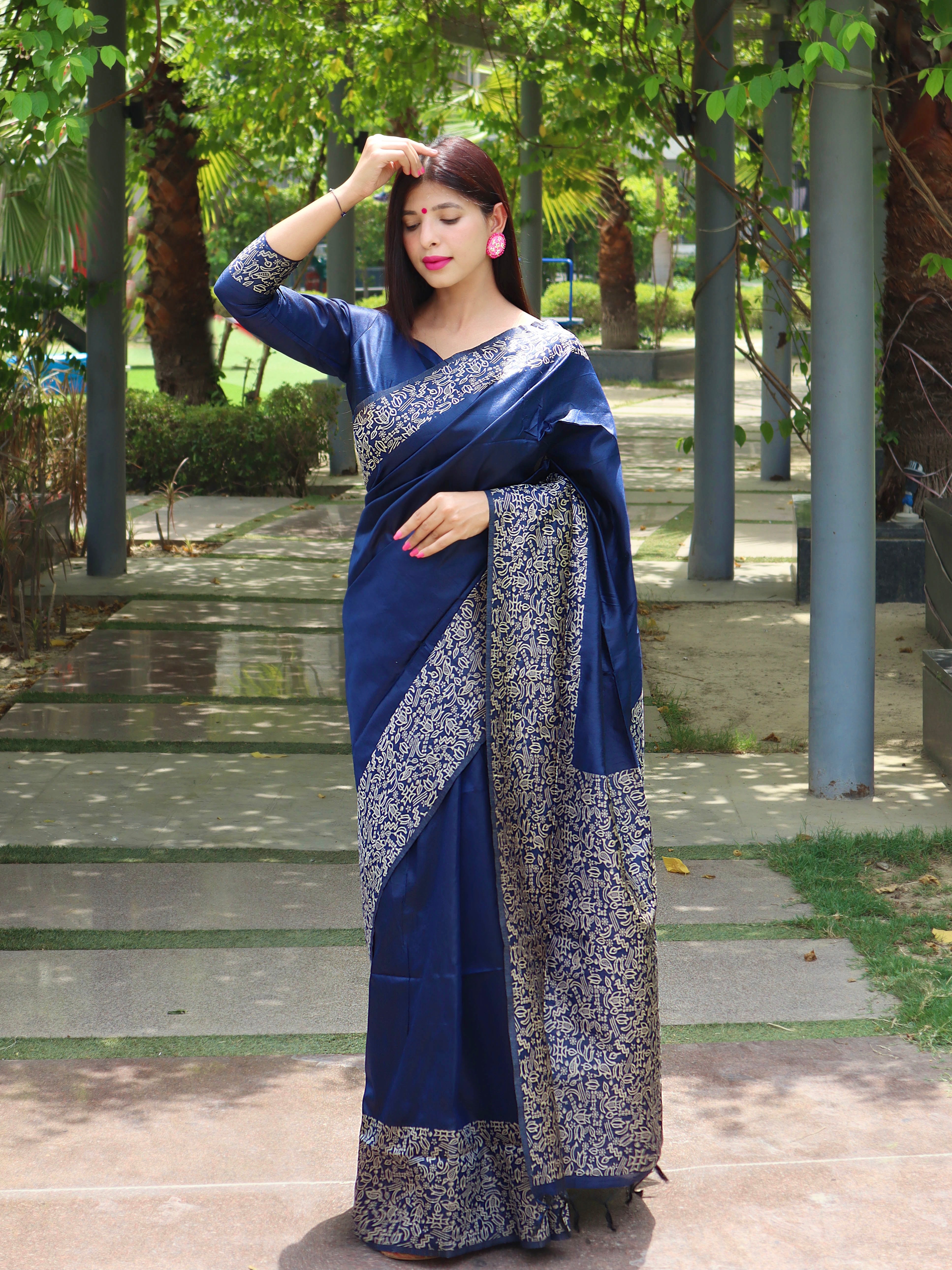 Navy Blue Raw Silk Designer Saree with Zari Woven Border